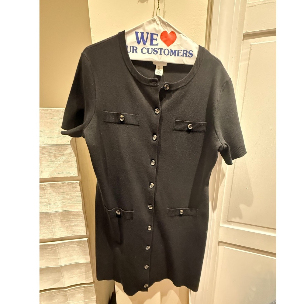 HM Womens Black Short Sleeve Button Down Knit Dress Ribbed Pocket Detail Large